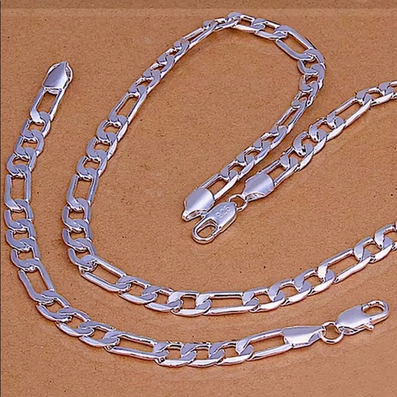 STERLING SILVER FIGARO CHAIN LINK NECKLACE BRACELET MATCHING SET - Picture 2 of 6